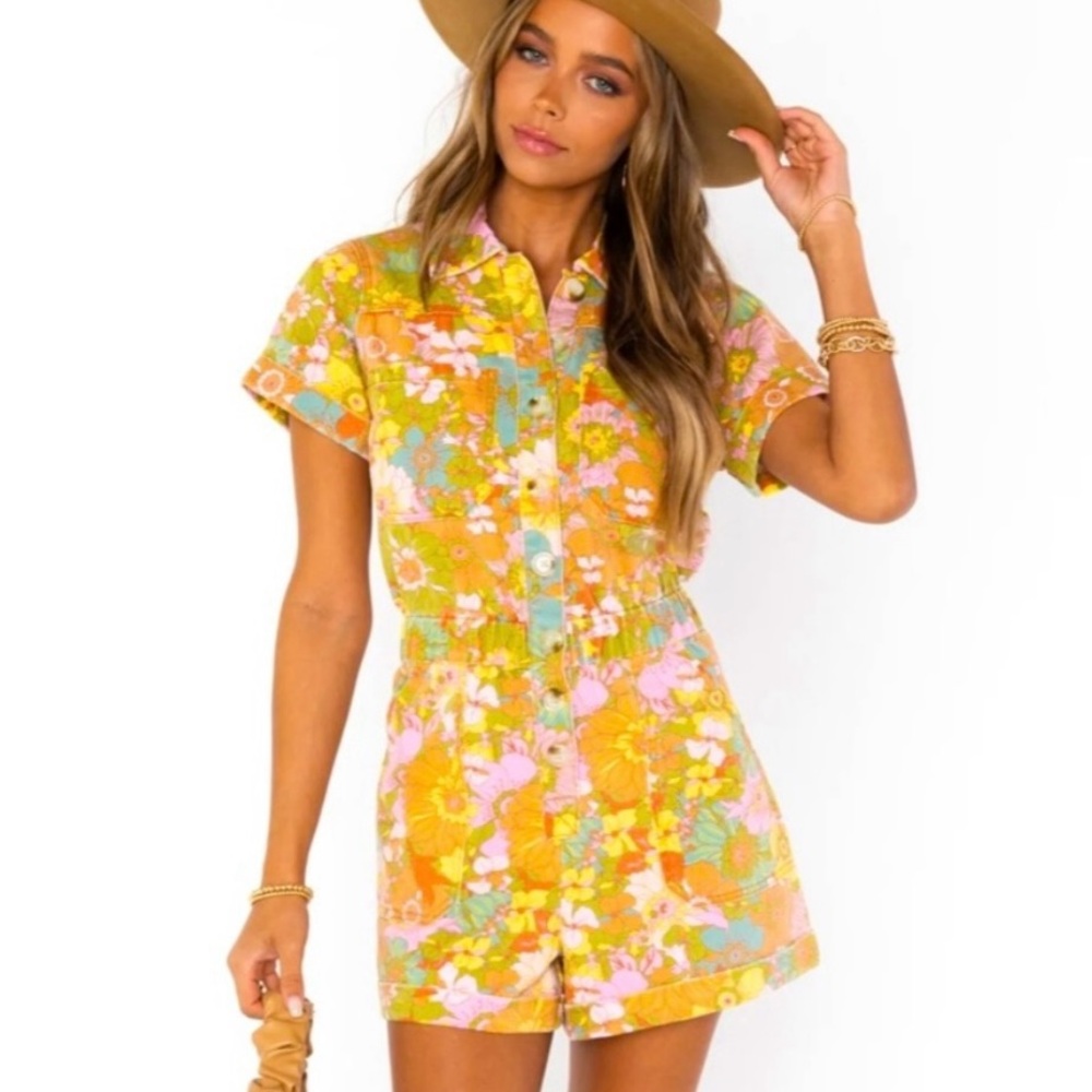 Show Me Your Mumu Mustard Floral Romper with Pastel Pink & Green